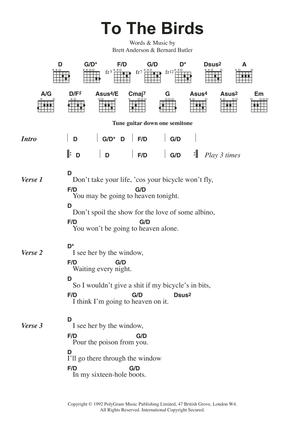 Suede To The Birds sheet music notes and chords arranged for Guitar Chords/Lyrics