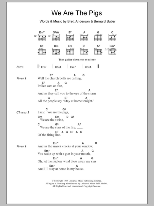 Suede We Are The Pigs sheet music notes and chords arranged for Guitar Chords/Lyrics