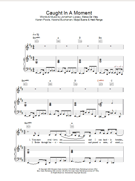 Sugababes Caught In A Moment sheet music notes and chords arranged for Piano, Vocal & Guitar Chords