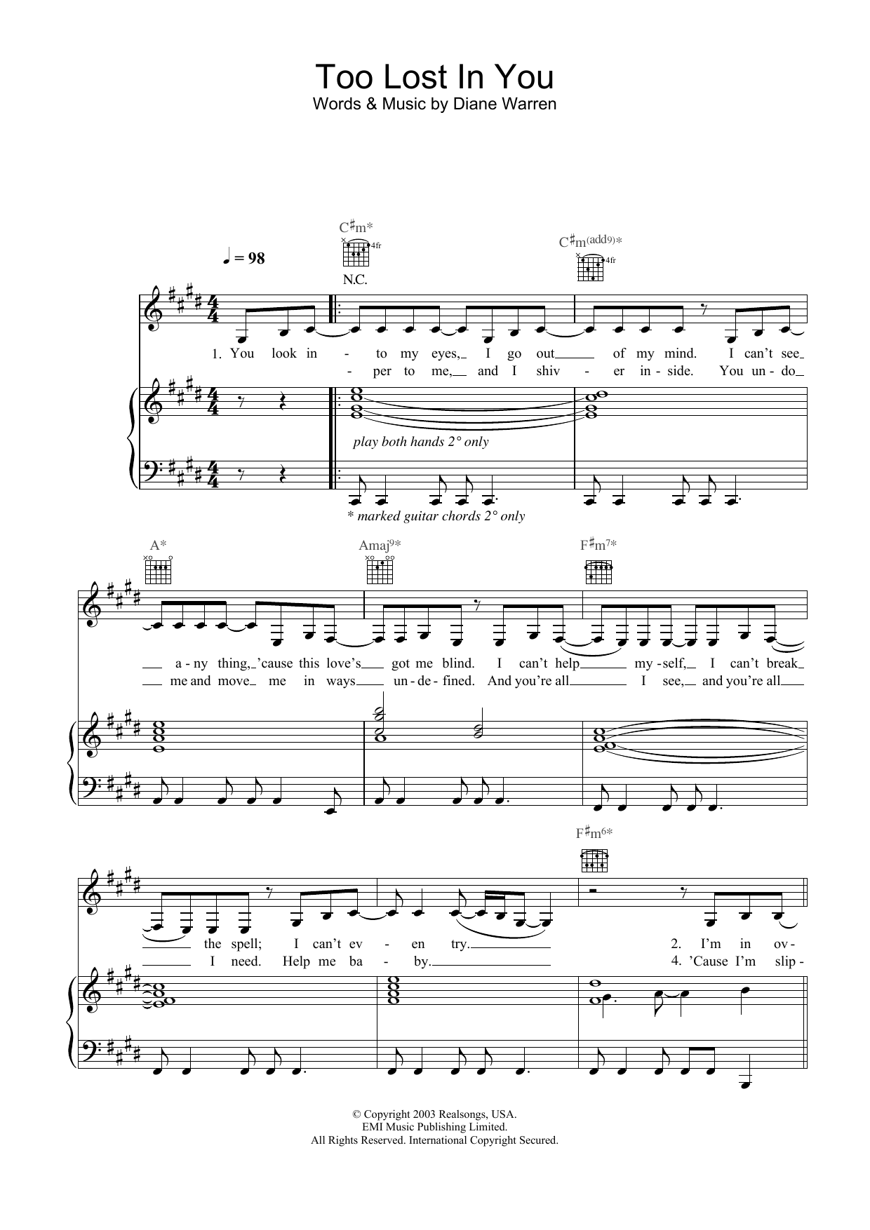 Sugababes Too Lost In You sheet music notes and chords arranged for Lead Sheet / Fake Book