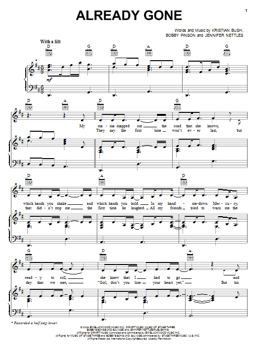 Sugarland Already Gone sheet music notes and chords arranged for Piano, Vocal & Guitar Chords (Right-Hand Melody)
