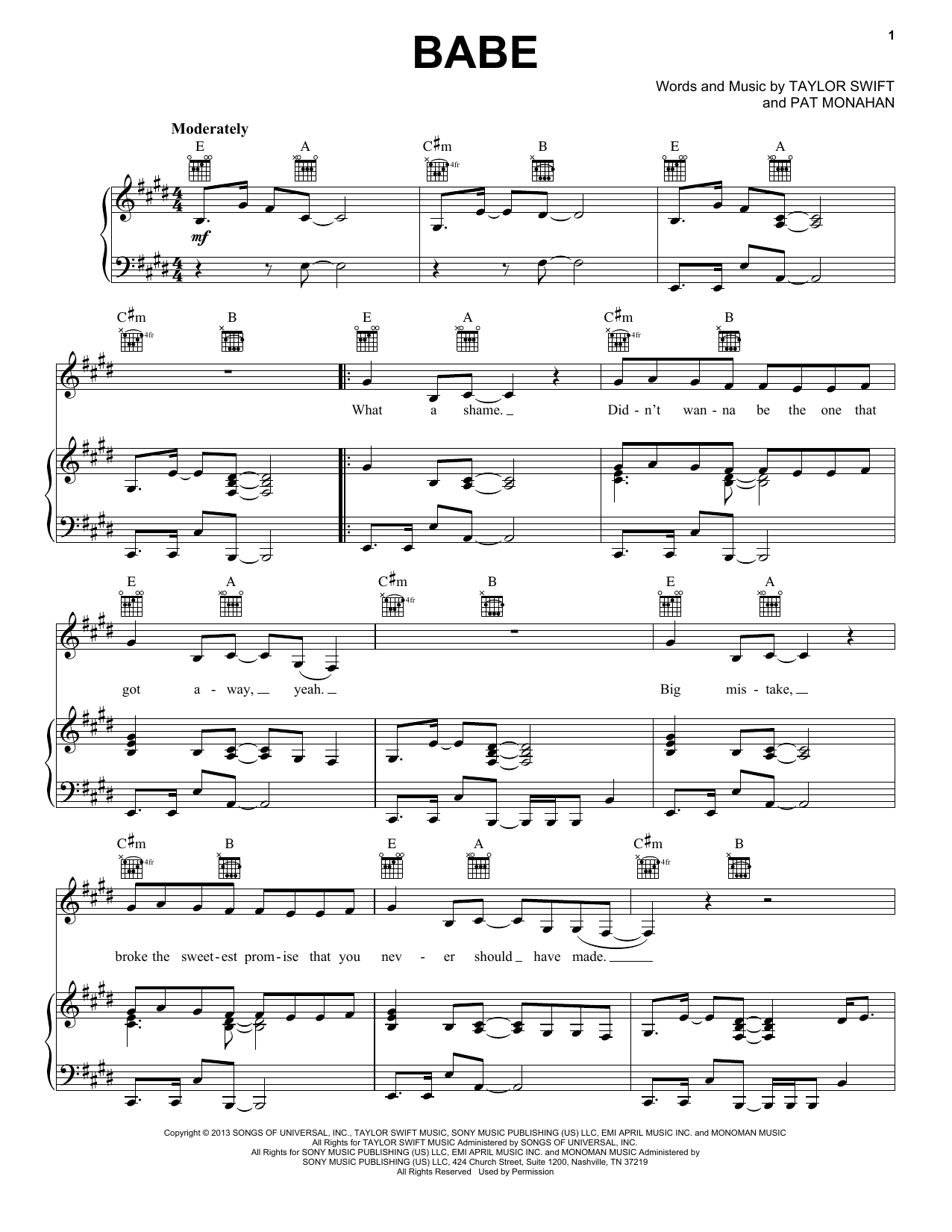 Sugarland feat. Taylor Swift Babe sheet music notes and chords arranged for Piano, Vocal & Guitar Chords (Right-Hand Melody)