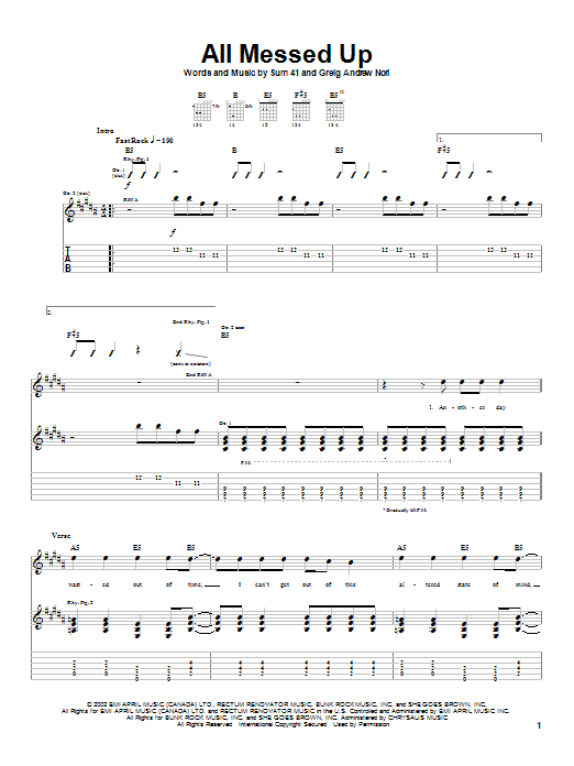 Sum 41 All Messed Up sheet music notes and chords arranged for Guitar Tab