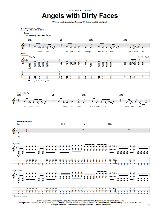 Sum 41 Angels With Dirty Faces sheet music notes and chords arranged for Guitar Tab