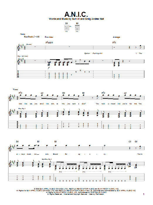 Sum 41 A.N.I.C. sheet music notes and chords arranged for Guitar Tab