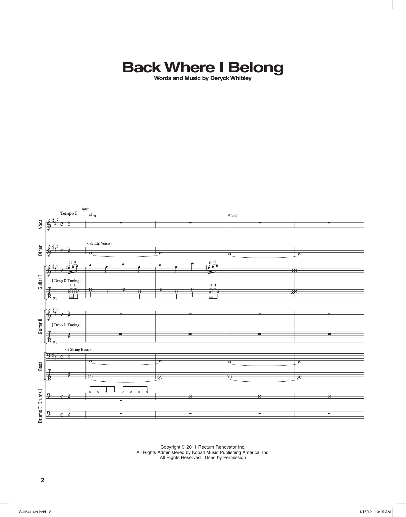 Sum 41 Back Where I Belong sheet music notes and chords arranged for Transcribed Score