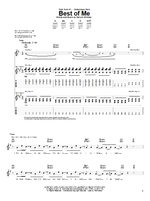 Sum 41 Best Of Me sheet music notes and chords arranged for Guitar Tab
