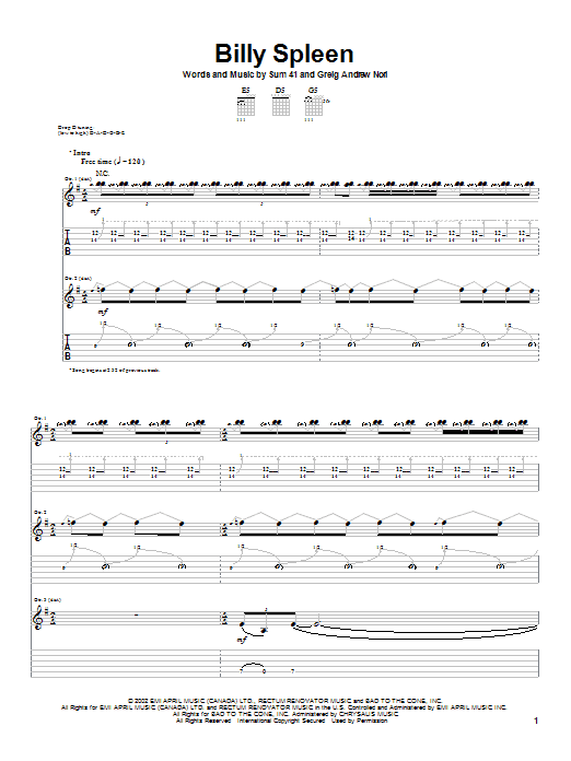 Sum 41 Billy Spleen sheet music notes and chords arranged for Guitar Tab