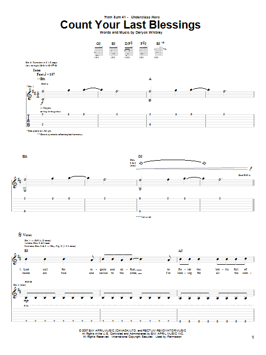 Sum 41 Count Your Last Blessings sheet music notes and chords arranged for Guitar Tab