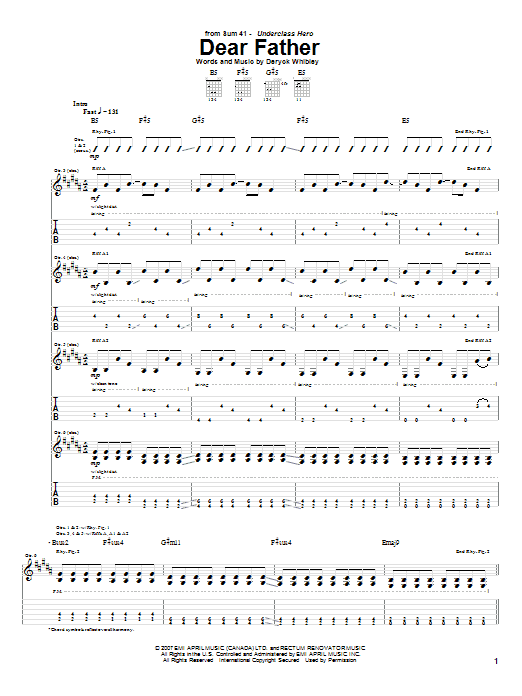 Sum 41 Dear Father sheet music notes and chords arranged for Guitar Tab