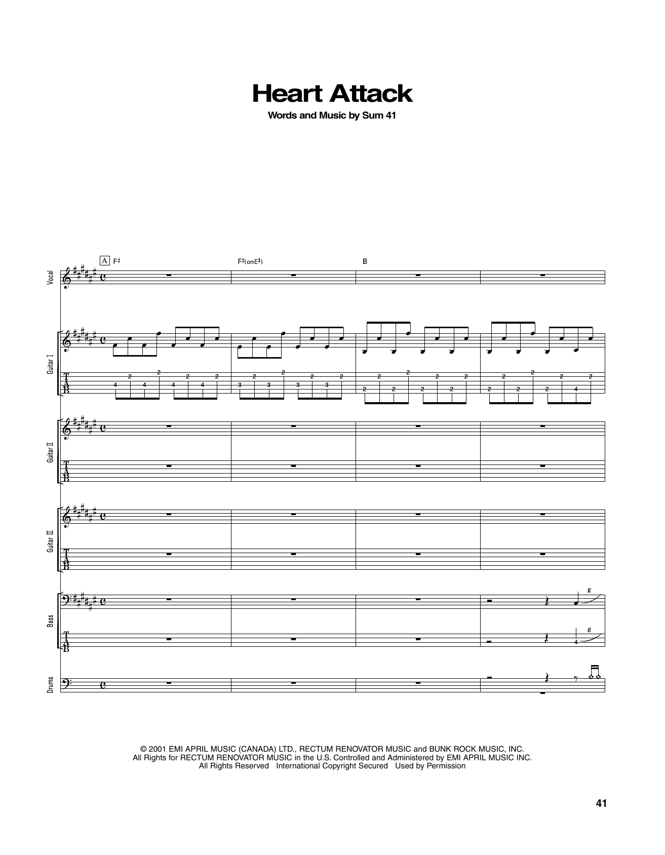 Sum 41 Heart Attack sheet music notes and chords arranged for Transcribed Score