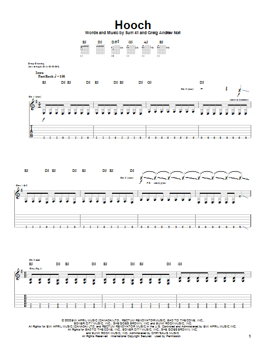 Sum 41 Hooch sheet music notes and chords arranged for Guitar Tab
