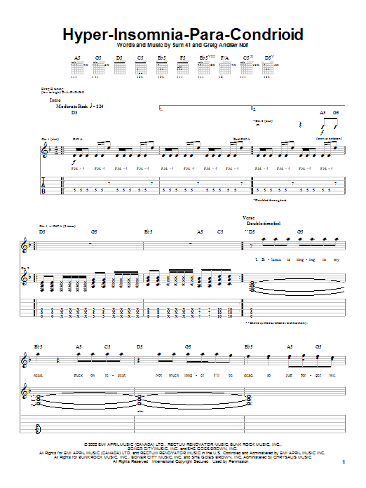 Sum 41 Hyper-Insomnia-Para-Condrioid sheet music notes and chords arranged for Guitar Tab