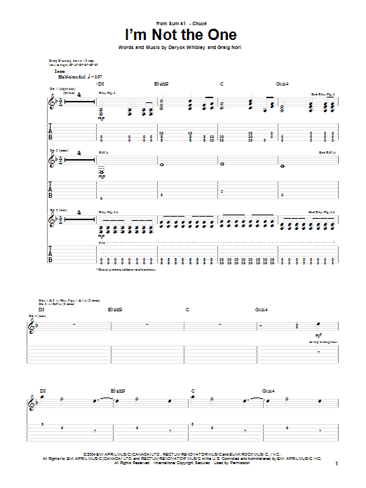 Sum 41 I'm Not The One sheet music notes and chords arranged for Guitar Tab