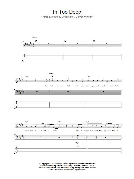 Sum 41 In Too Deep sheet music notes and chords arranged for Bass Guitar Tab
