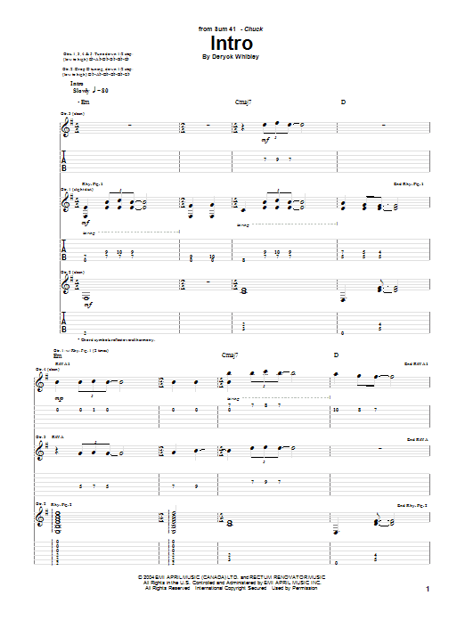 Sum 41 Intro sheet music notes and chords arranged for Guitar Tab