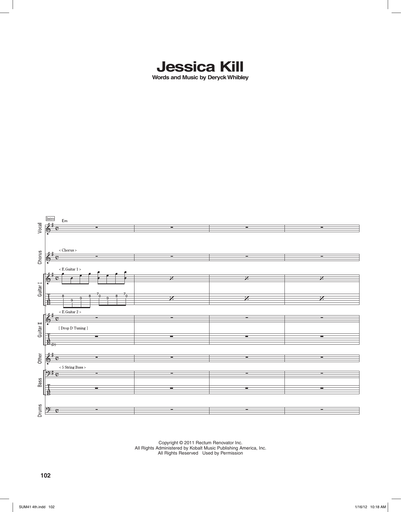 Sum 41 Jessica Kill sheet music notes and chords arranged for Transcribed Score