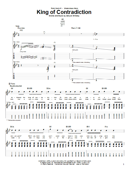 Sum 41 King Of Contradiction sheet music notes and chords arranged for Guitar Tab