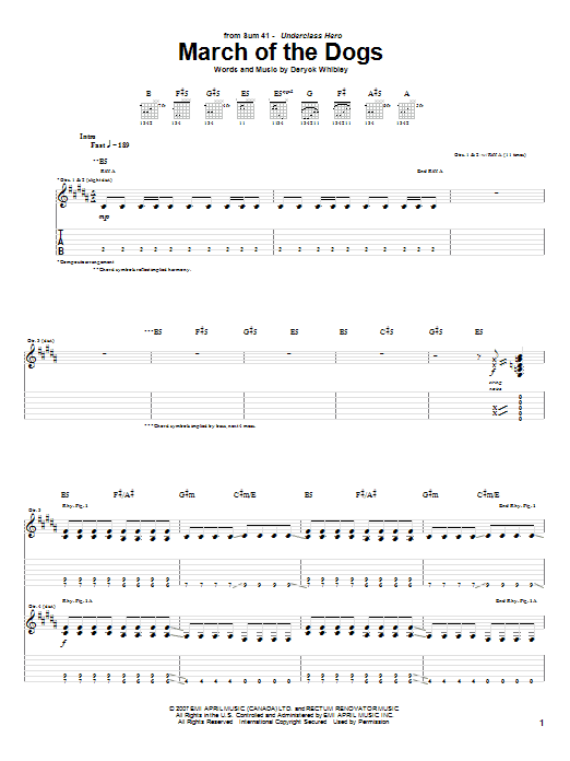 Sum 41 March Of The Dogs sheet music notes and chords arranged for Guitar Tab