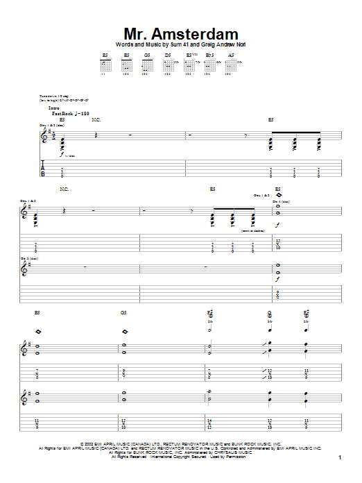 Sum 41 Mr. Amsterdam sheet music notes and chords arranged for Guitar Tab