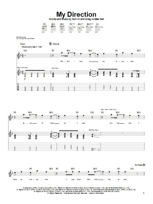 Sum 41 My Direction sheet music notes and chords arranged for Guitar Tab