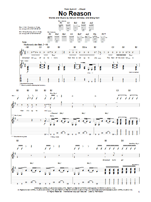 Sum 41 No Reason sheet music notes and chords arranged for Guitar Tab