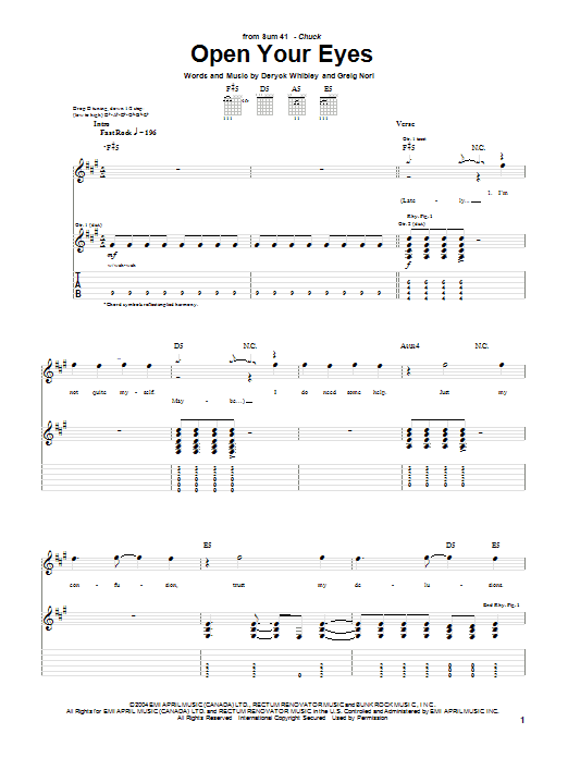 Sum 41 Open Your Eyes sheet music notes and chords arranged for Guitar Tab