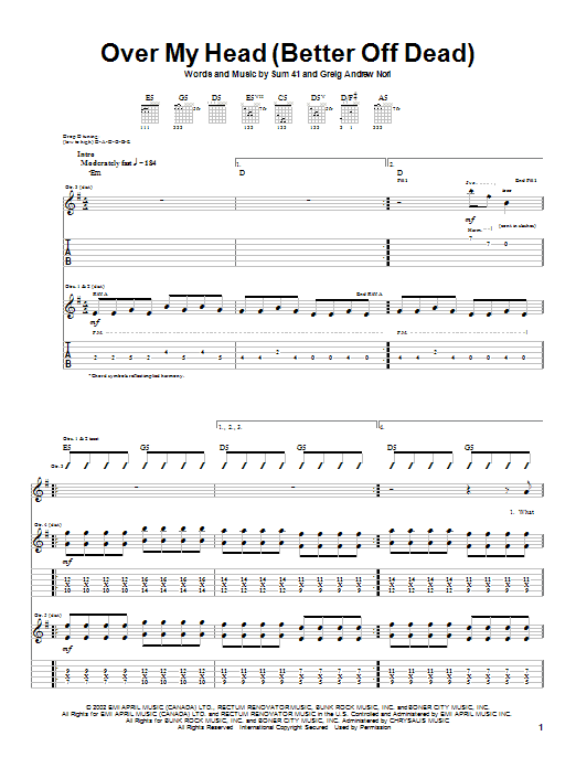 Sum 41 Over My Head (Better Off Dead) sheet music notes and chords arranged for Guitar Tab