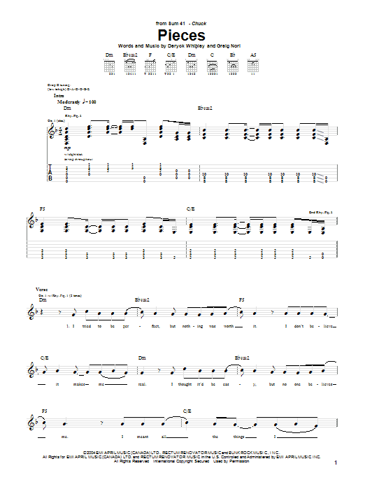 Sum 41 Pieces sheet music notes and chords arranged for Guitar Tab