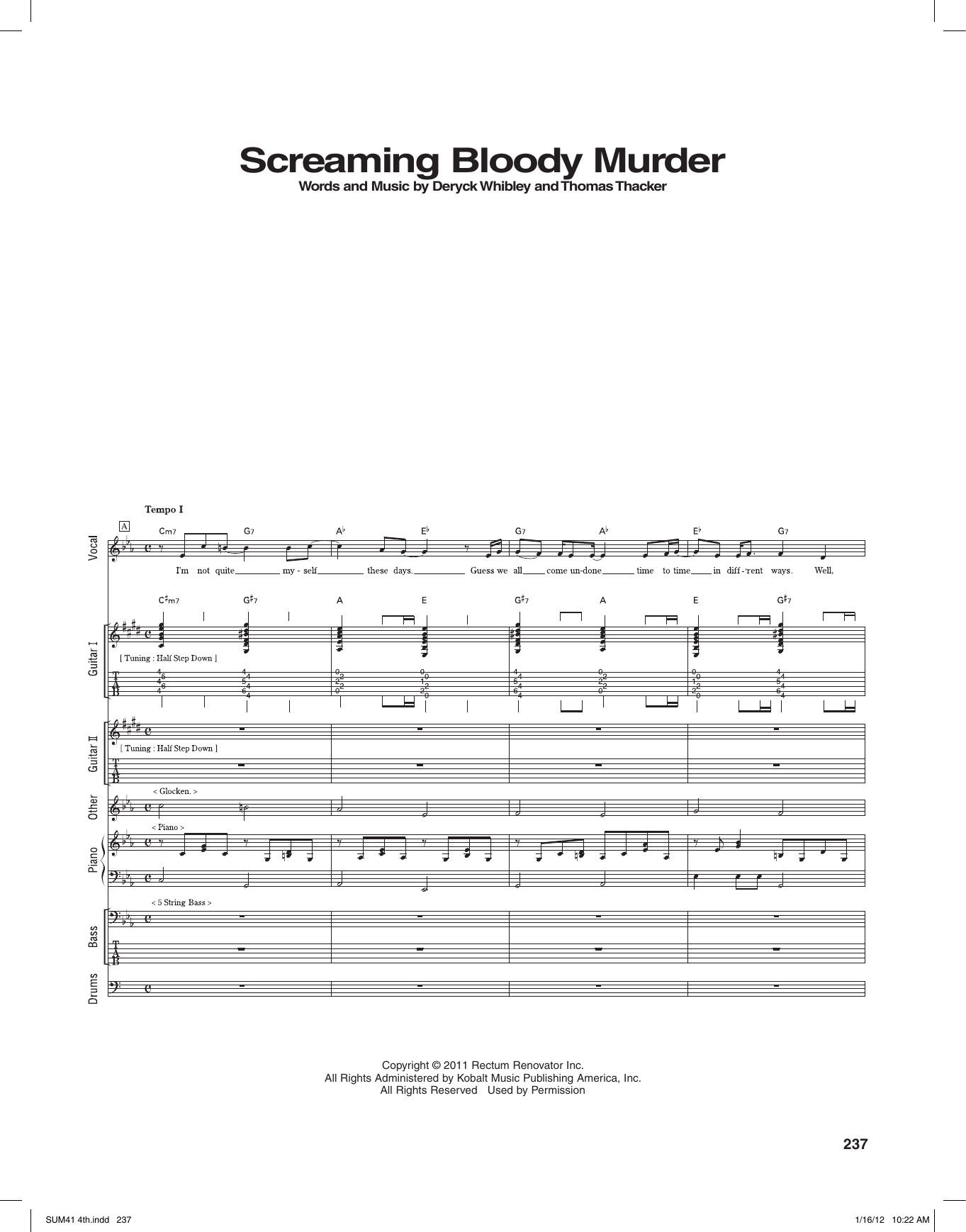 Sum 41 Screaming Bloody Murder sheet music notes and chords arranged for Transcribed Score