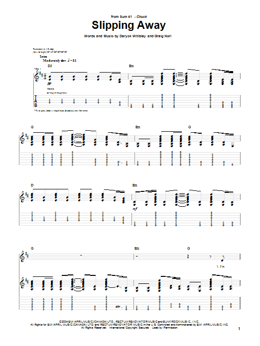 Sum 41 Slipping Away sheet music notes and chords arranged for Guitar Tab