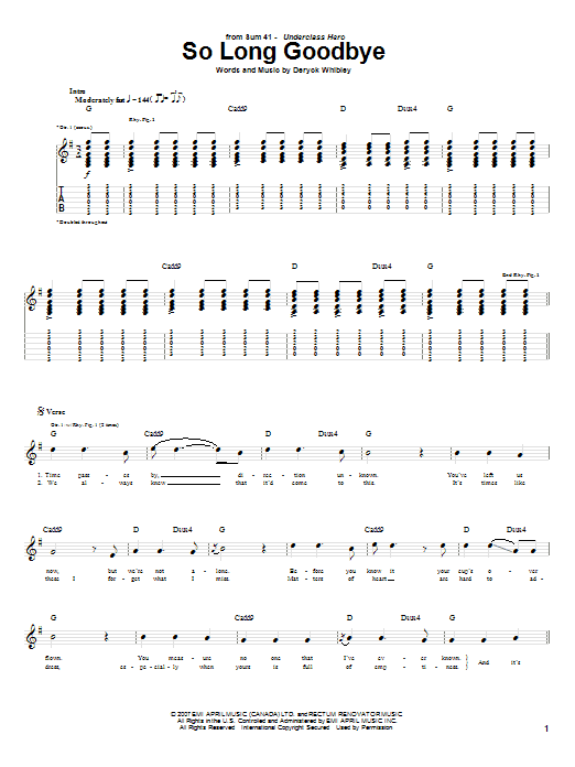 Sum 41 So Long Goodbye sheet music notes and chords arranged for Guitar Tab