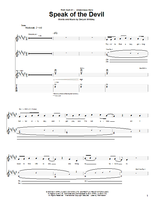 Sum 41 Speak Of The Devil sheet music notes and chords arranged for Guitar Tab