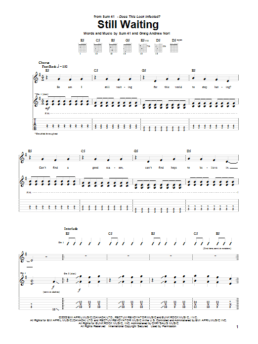 Sum 41 Still Waiting sheet music notes and chords arranged for Guitar Tab