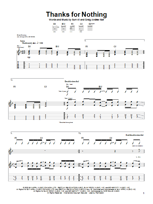 Sum 41 Thanks For Nothing sheet music notes and chords arranged for Guitar Tab