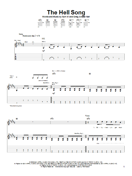 Sum 41 The Hell Song sheet music notes and chords arranged for Guitar Tab