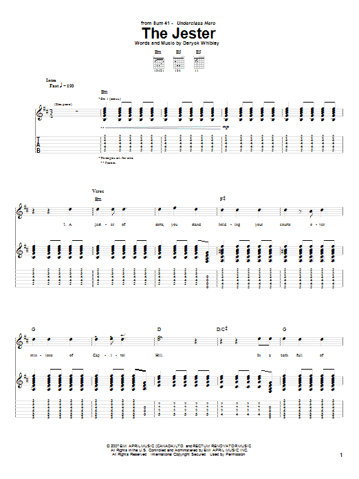 Sum 41 The Jester sheet music notes and chords arranged for Guitar Tab
