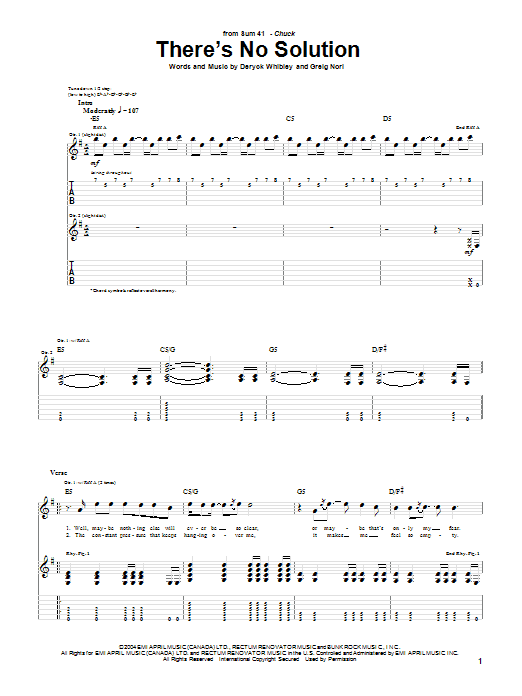 Sum 41 There's No Solution sheet music notes and chords arranged for Guitar Tab