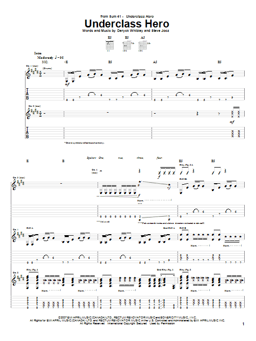 Sum 41 Underclass Hero sheet music notes and chords arranged for Guitar Tab