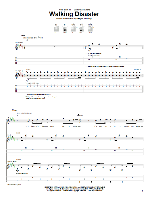Sum 41 Walking Disaster sheet music notes and chords arranged for Guitar Tab