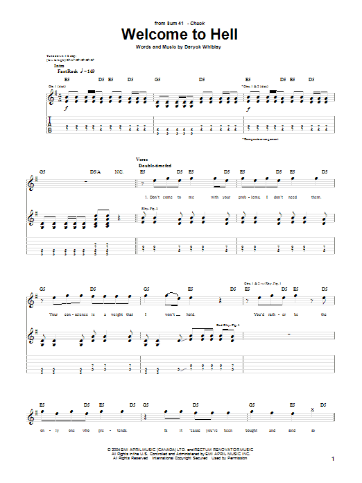 Sum 41 Welcome To Hell sheet music notes and chords arranged for Guitar Tab