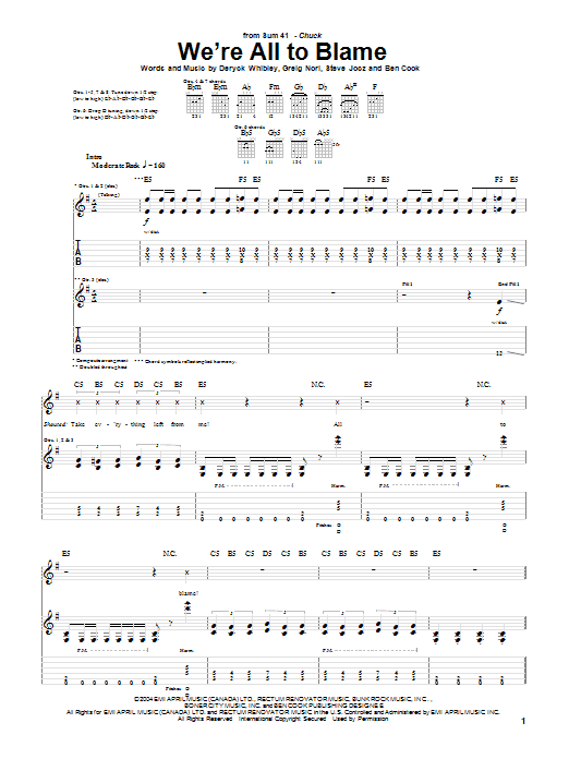 Sum 41 We're All To Blame sheet music notes and chords arranged for Guitar Tab