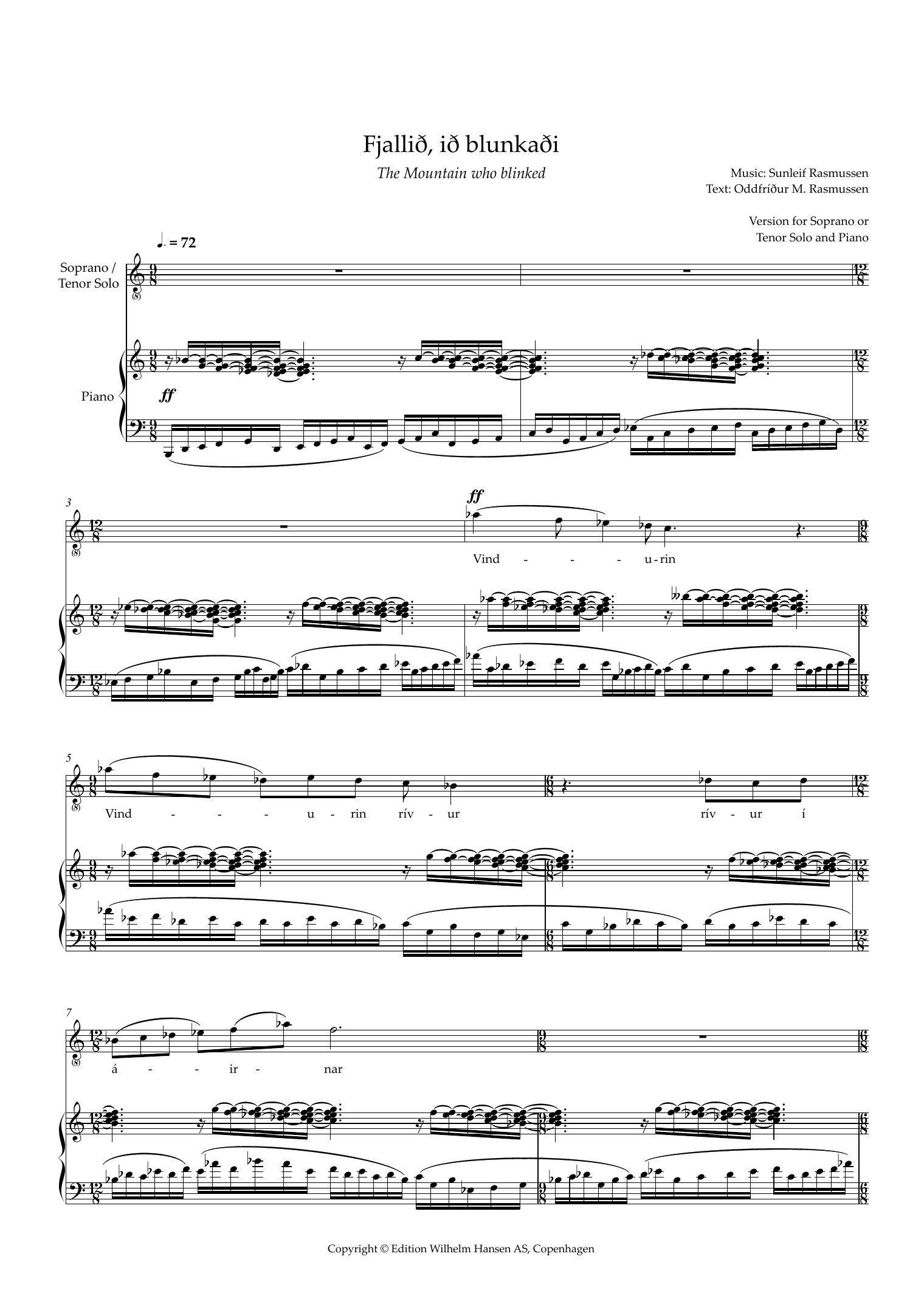 Sunleif Rasmussen Fjallið, ið blunkaði (The Mountain Who Blinked) (for Tenor or Soprano) sheet music notes and chords arranged for Piano & Vocal