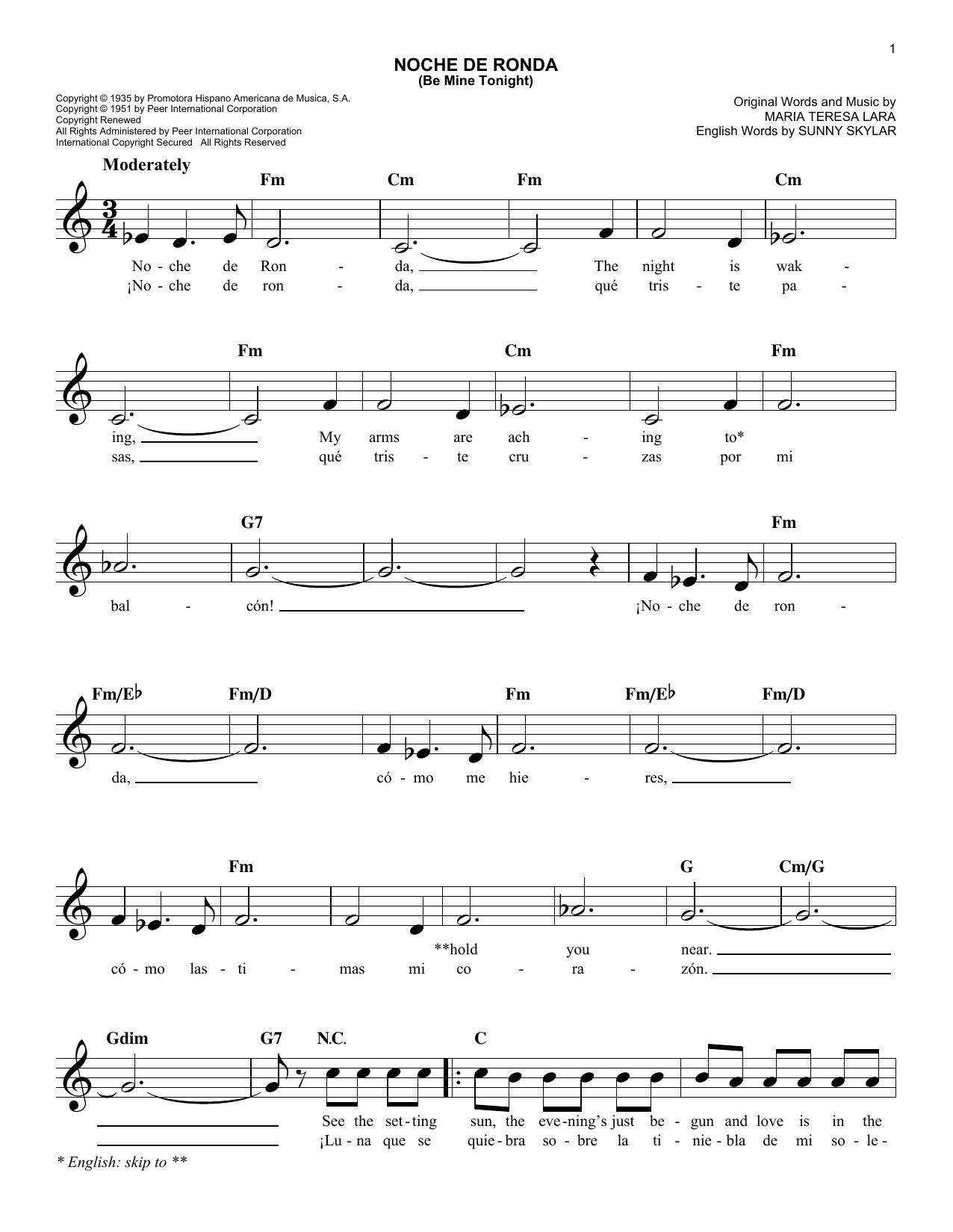 Sunny Skylar Noche De Ronda (Be Mine Tonight) sheet music notes and chords arranged for Lead Sheet / Fake Book