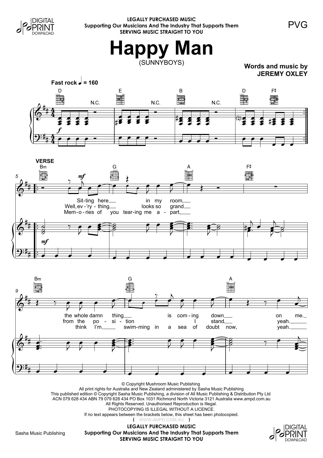 Sunnyboys Happy Man sheet music notes and chords arranged for Piano, Vocal & Guitar Chords (Right-Hand Melody)