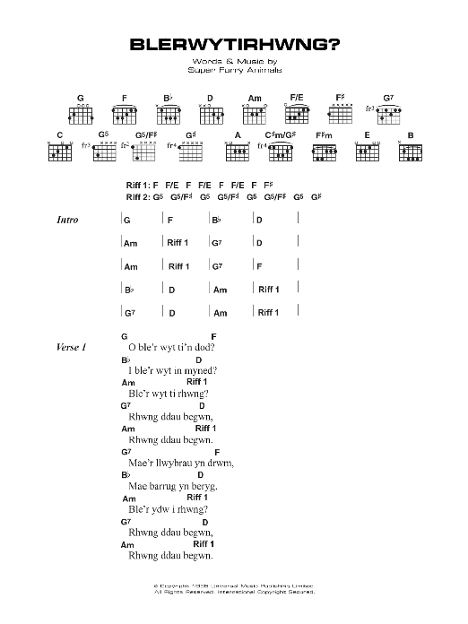 Super Furry Animals Blerwytirhwng sheet music notes and chords arranged for Guitar Chords/Lyrics
