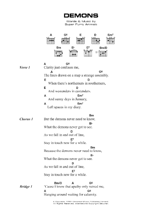 Super Furry Animals Demons sheet music notes and chords arranged for Guitar Chords/Lyrics