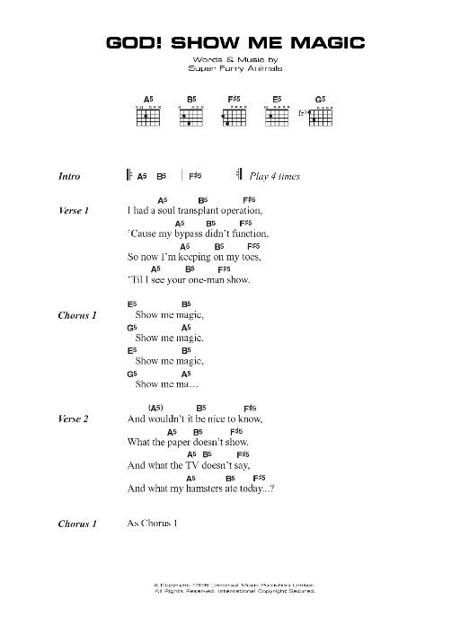 Super Furry Animals God! Show Me Magic sheet music notes and chords arranged for Guitar Chords/Lyrics