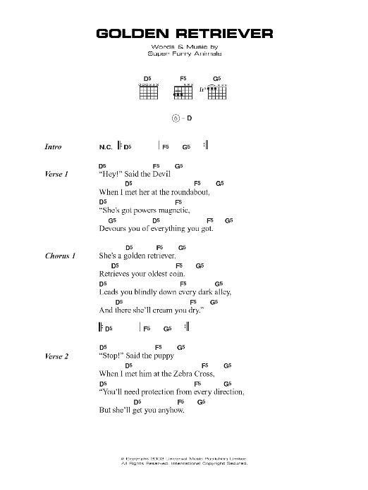 Super Furry Animals Golden Retriever sheet music notes and chords arranged for Guitar Chords/Lyrics