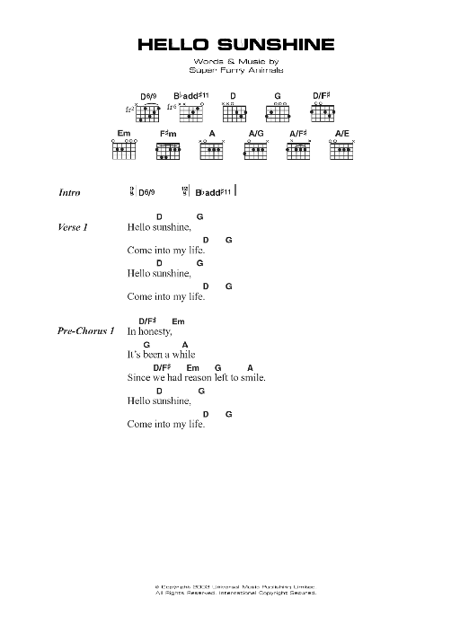 Super Furry Animals Hello Sunshine sheet music notes and chords arranged for Guitar Chords/Lyrics